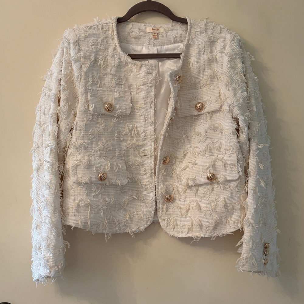Cream Textured Blazer with Gold Buttons